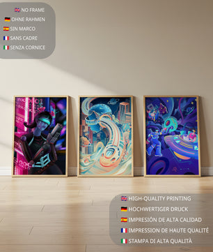 Set aus drei futuristischen Kunstdrucken in modernem Umfeld