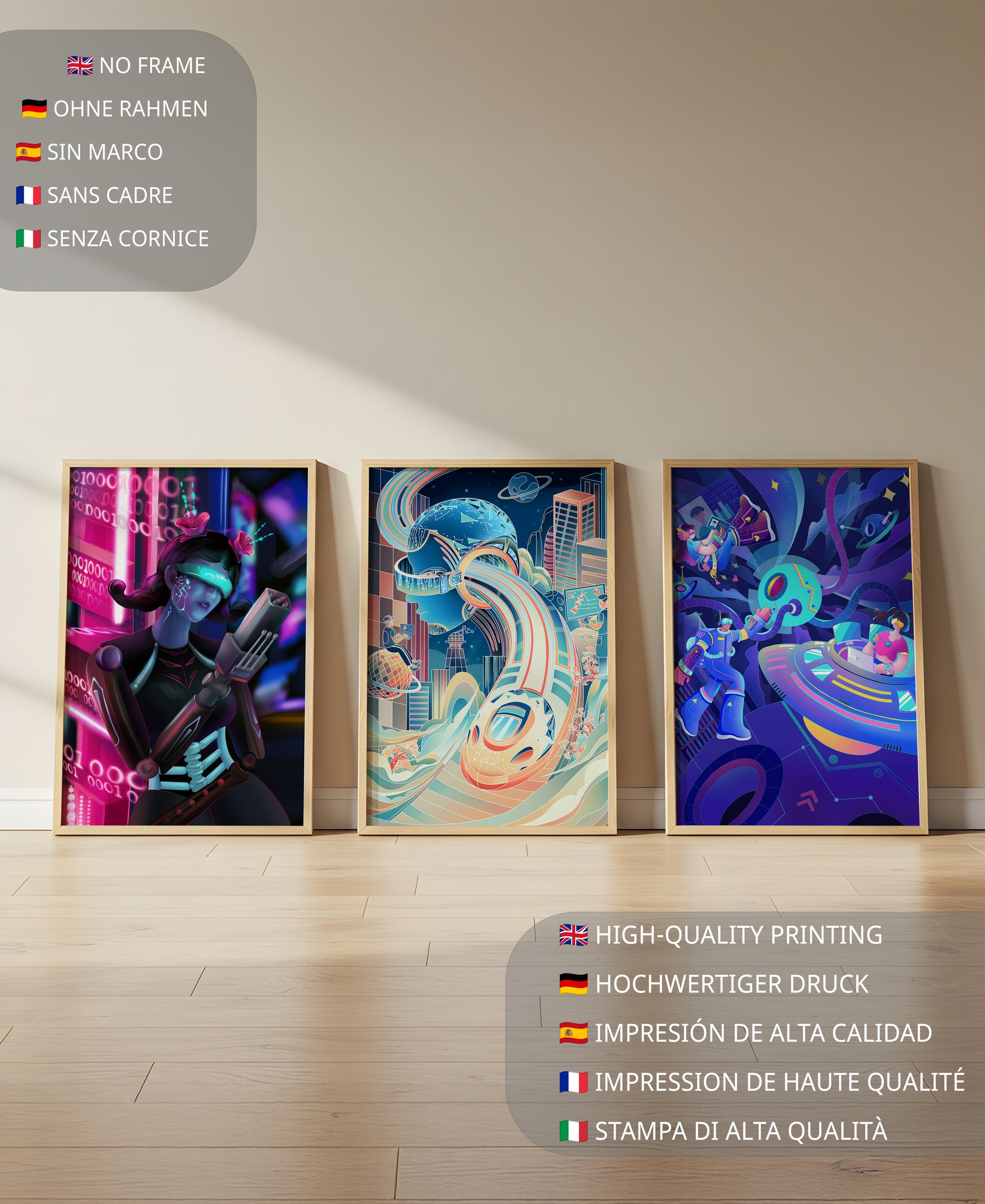 Set aus drei futuristischen Kunstdrucken in modernem Umfeld