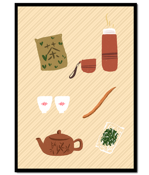 Illustración de un juego de té tradicional con hojas de té y accesorios