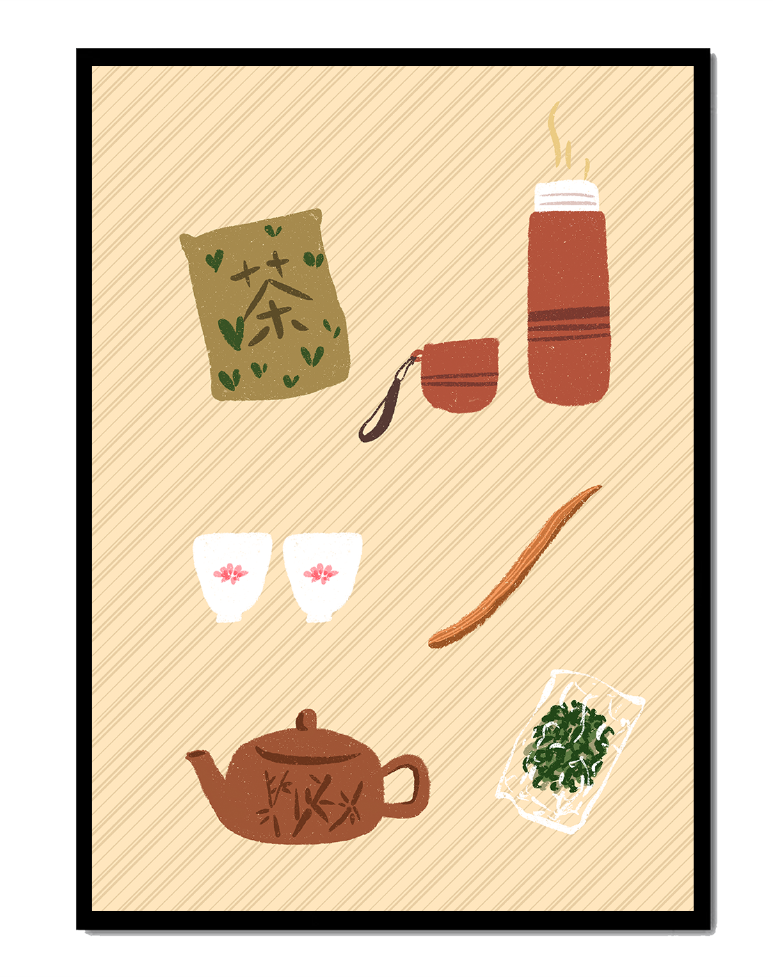 Illustración de un juego de té tradicional con hojas de té y accesorios