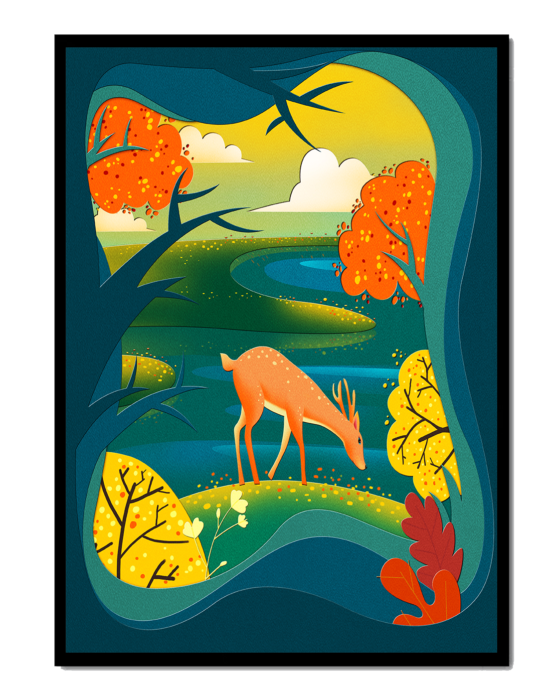 Deer in autumnal forest landscape with vibrant foliage
