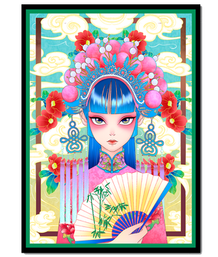 Ilustración elegante inspirada en el arte asiático con tocado elaborado y motivos florales