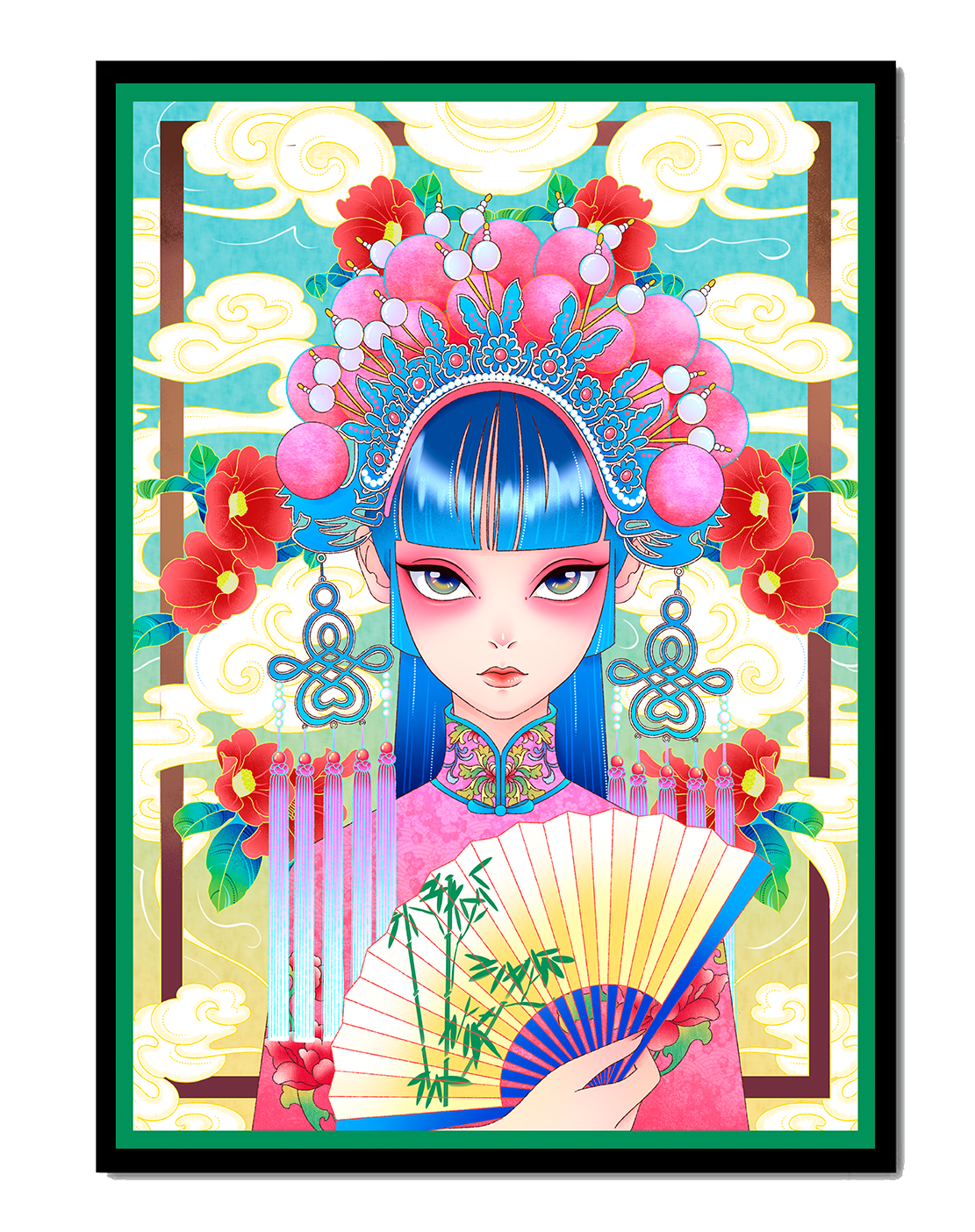 Ilustración elegante inspirada en el arte asiático con tocado elaborado y motivos florales