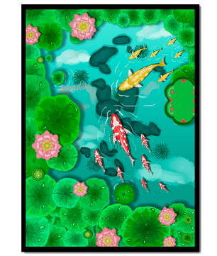 Étang à carpes koï vibrant avec des fleurs de lotus et des nénuphars verts
