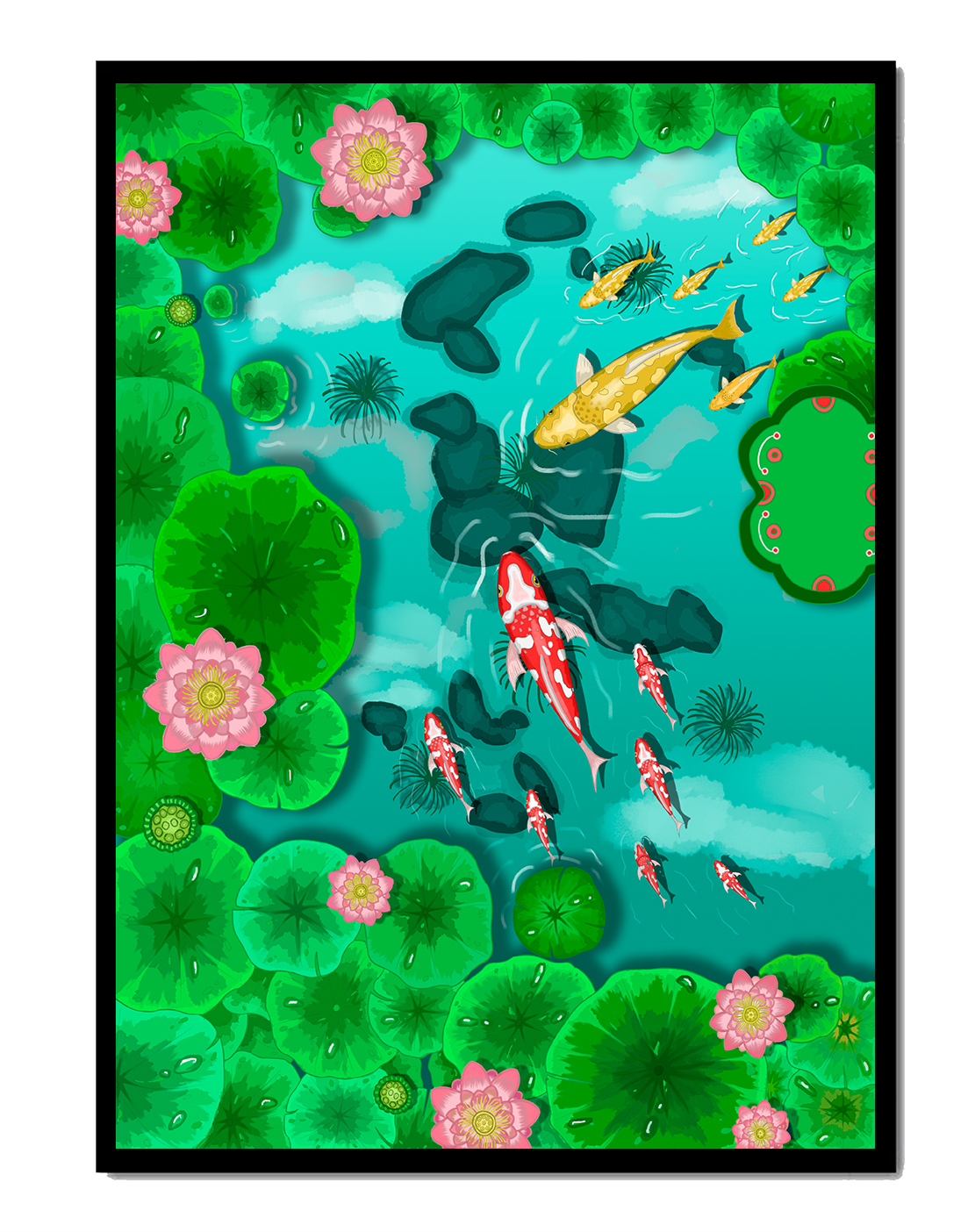 Étang à carpes koï vibrant avec des fleurs de lotus et des nénuphars verts