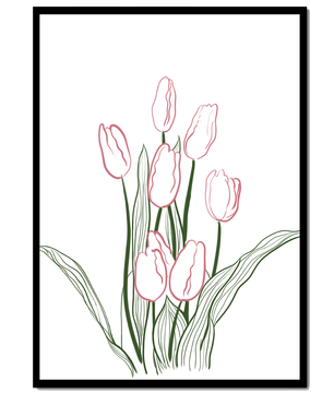 Wunderschöne rosa Tulpen mit grünen Blättern auf einer minimalistischen Leinwand