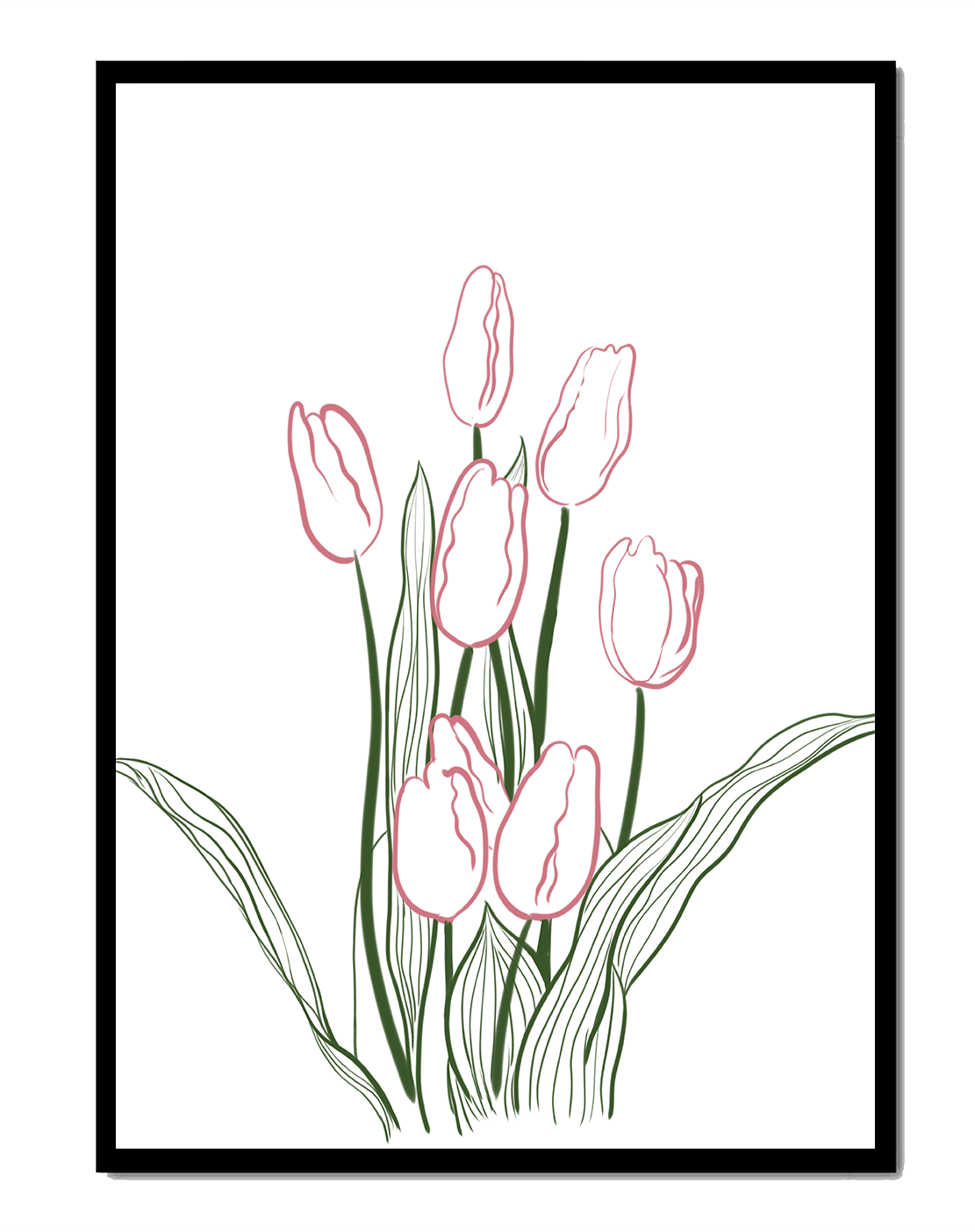 Wunderschöne rosa Tulpen mit grünen Blättern auf einer minimalistischen Leinwand
