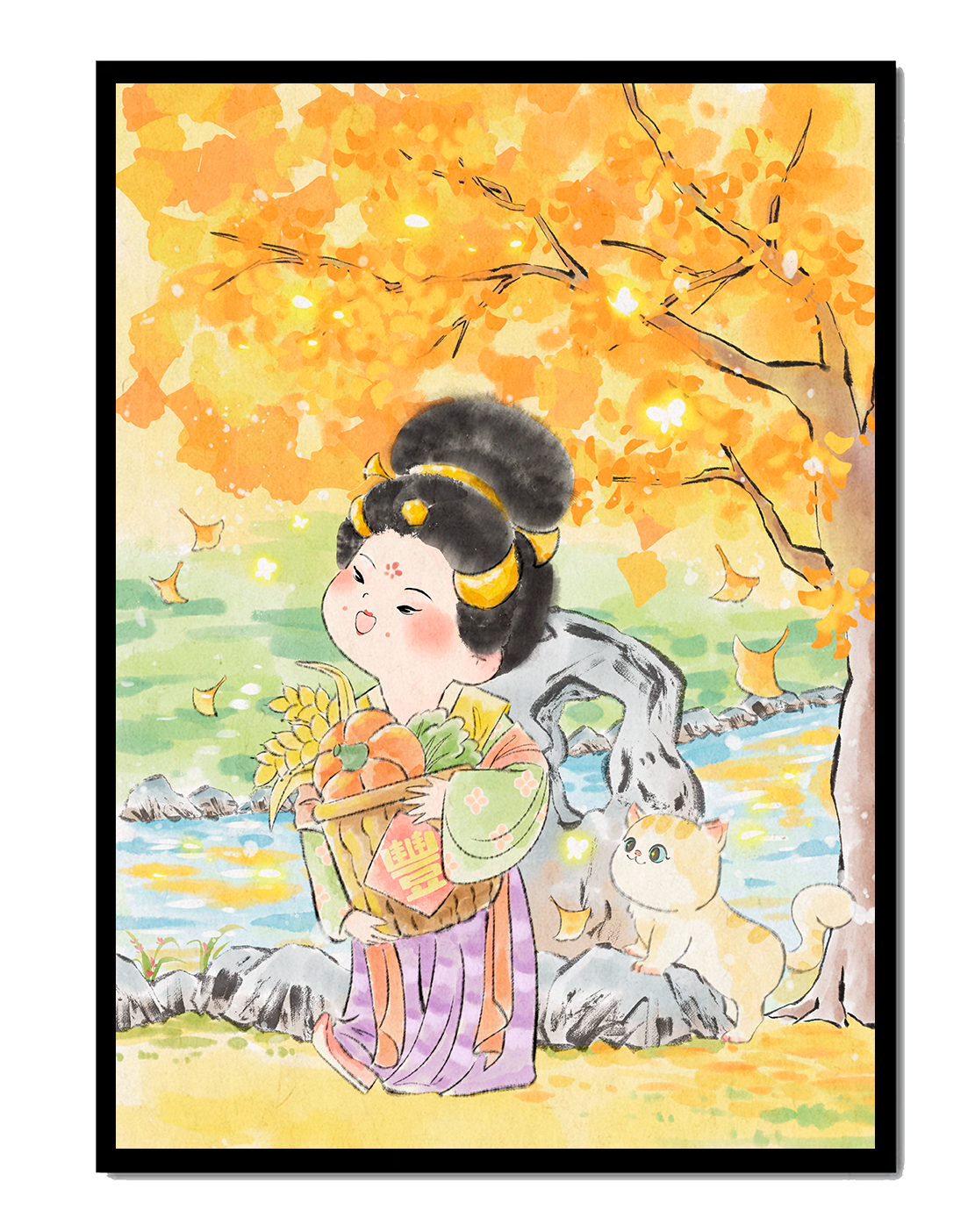 Charming watercolor scene of girl with basket in autumn setting