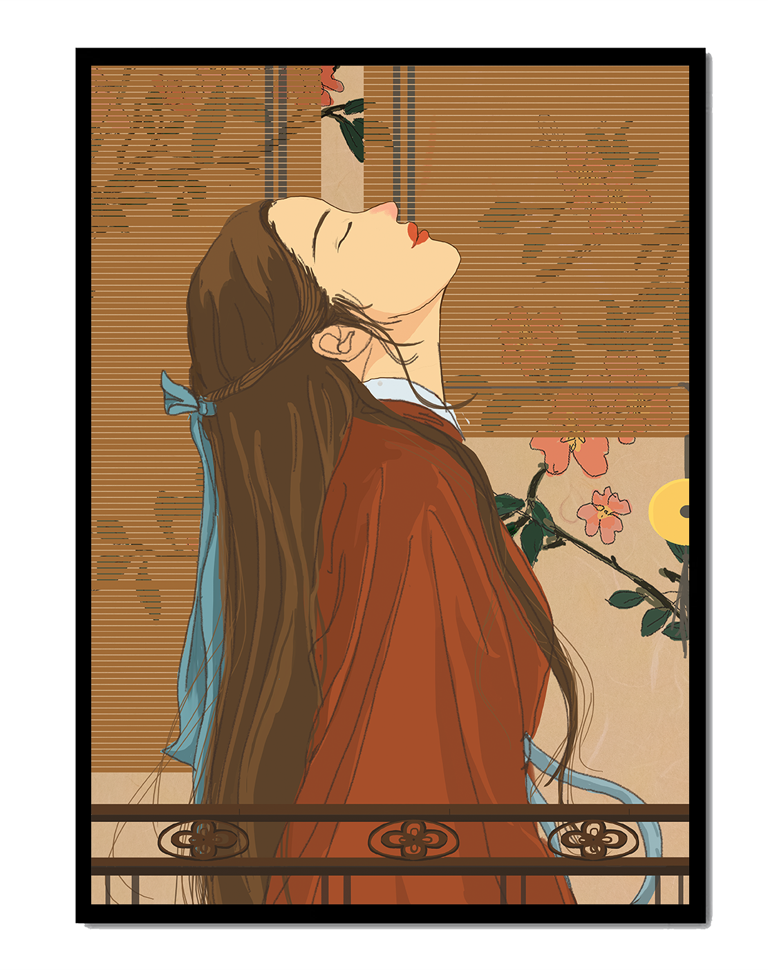 Mujer elegante con atuendo tradicional y fondo floral