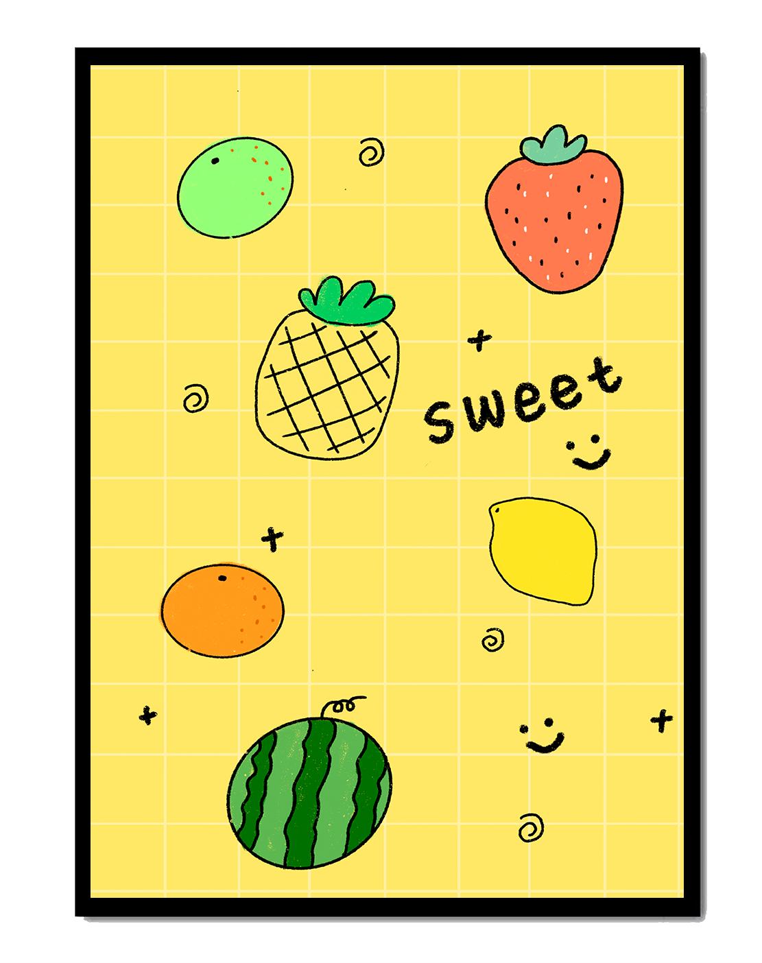 Playful fruit pattern on yellow grid background