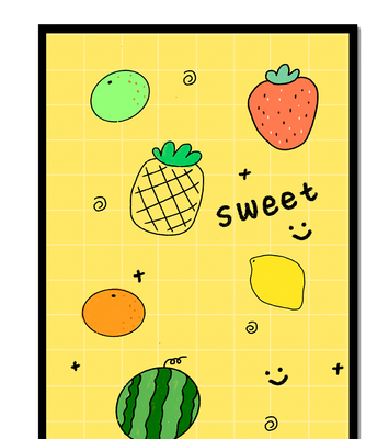 Playful fruit pattern on yellow grid background