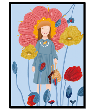 Fille dans un pays des merveilles fleuri avec des couleurs pastel et des fleurs vibrantes