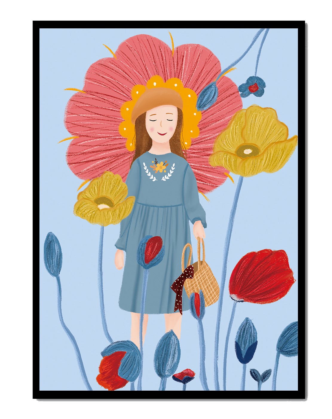 Fille dans un pays des merveilles fleuri avec des couleurs pastel et des fleurs vibrantes