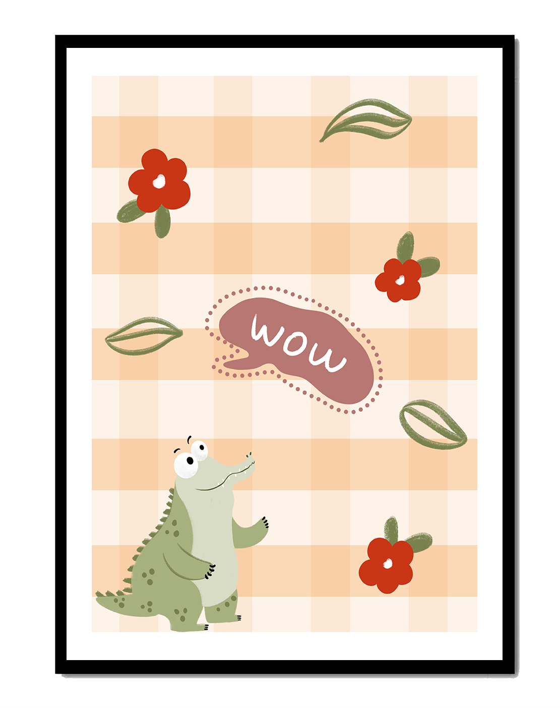 Playful Crocodile With Flowers And Speech Bubble On Checkered Background