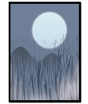 Ruhige Nachtlandschaft mit Vollmond und kahlen Bäumen