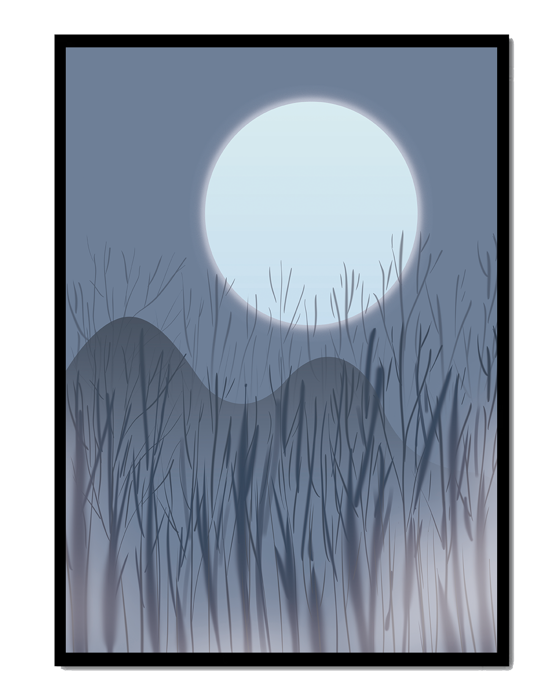Ruhige Nachtlandschaft mit Vollmond und kahlen Bäumen