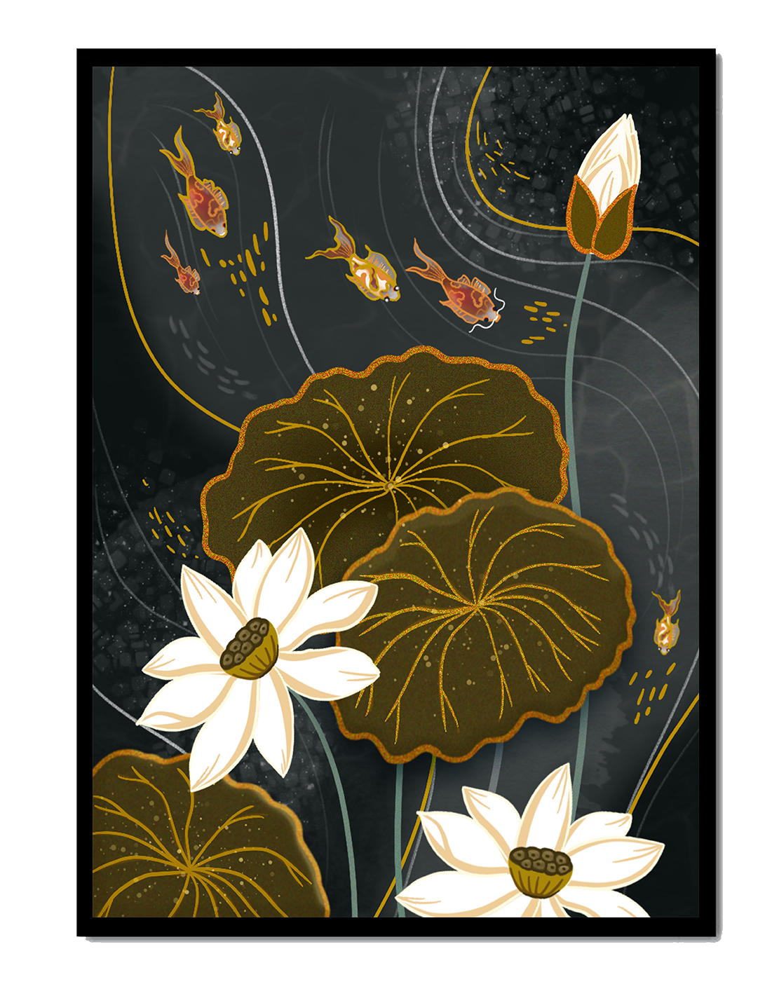 Serene Koi Pond with White Lotus and Golden Fish Accents