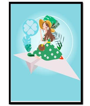 Mujer en un avión de papel con fondo de tema tropical