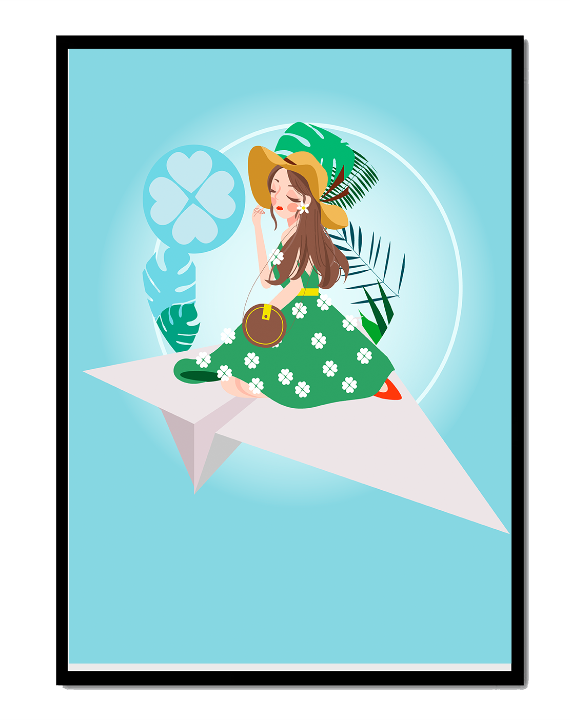 Woman on paper plane with tropical theme background