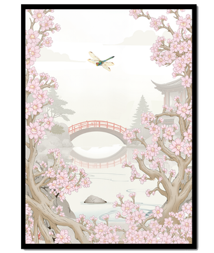 Jardin japonais serein avec des cerisiers en fleurs et une libellule