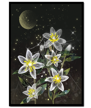 Floral Night Scene with Luminous Flowers and Golden Moon