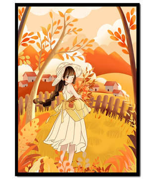Illustration of a Girl in a Yellow Dress in Autumn Scenery