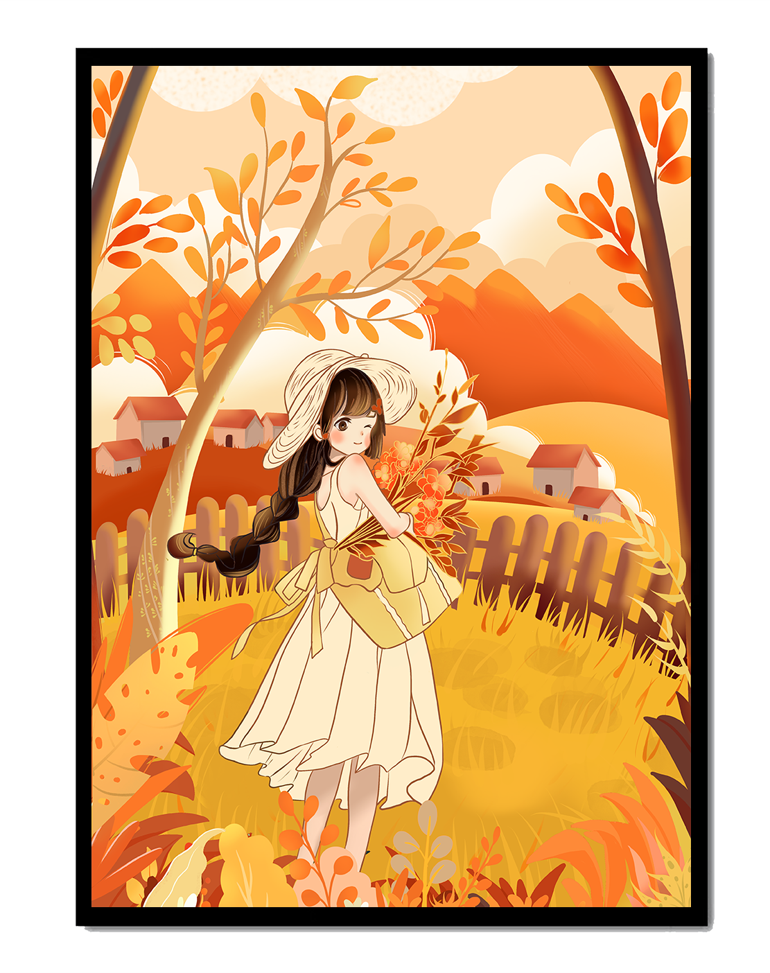 Illustration of a Girl in a Yellow Dress in Autumn Scenery