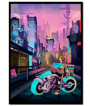 Paisaje urbano futurista cyberpunk con rascacielos iluminados con neón y motociclista