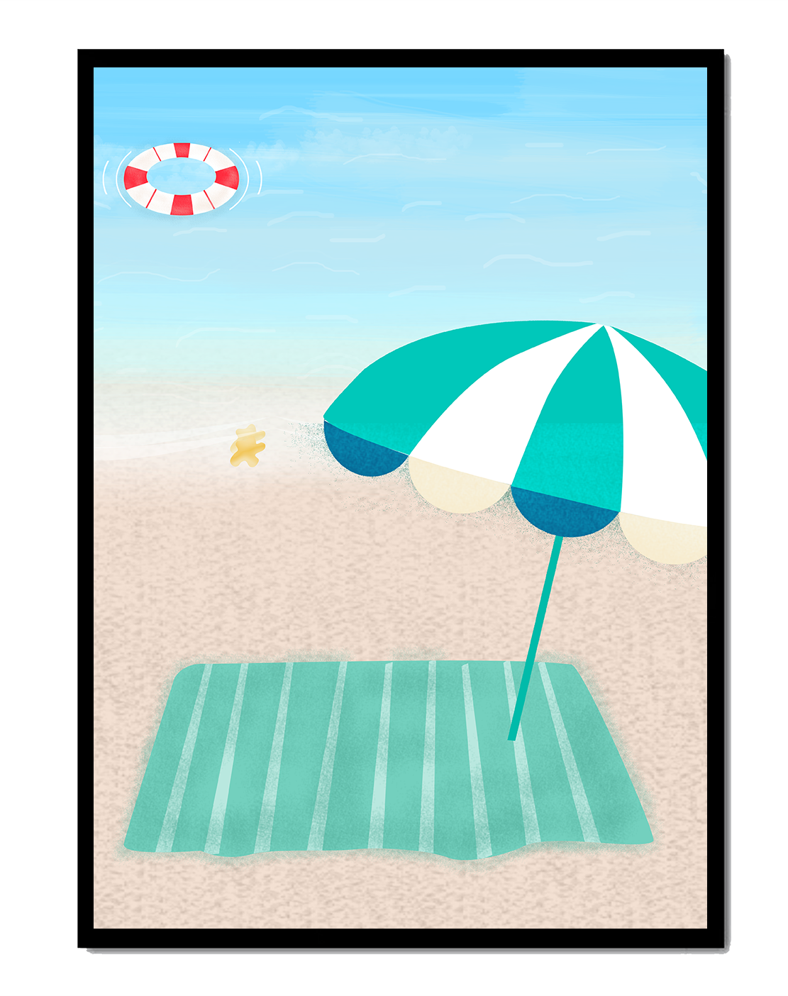Strandszene mit Sonnenschirm und Rettungsring am Sandstrand