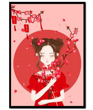 Bezaubernde Illustration eines Mädchens mit Blumen und schwebenden Blütenblättern