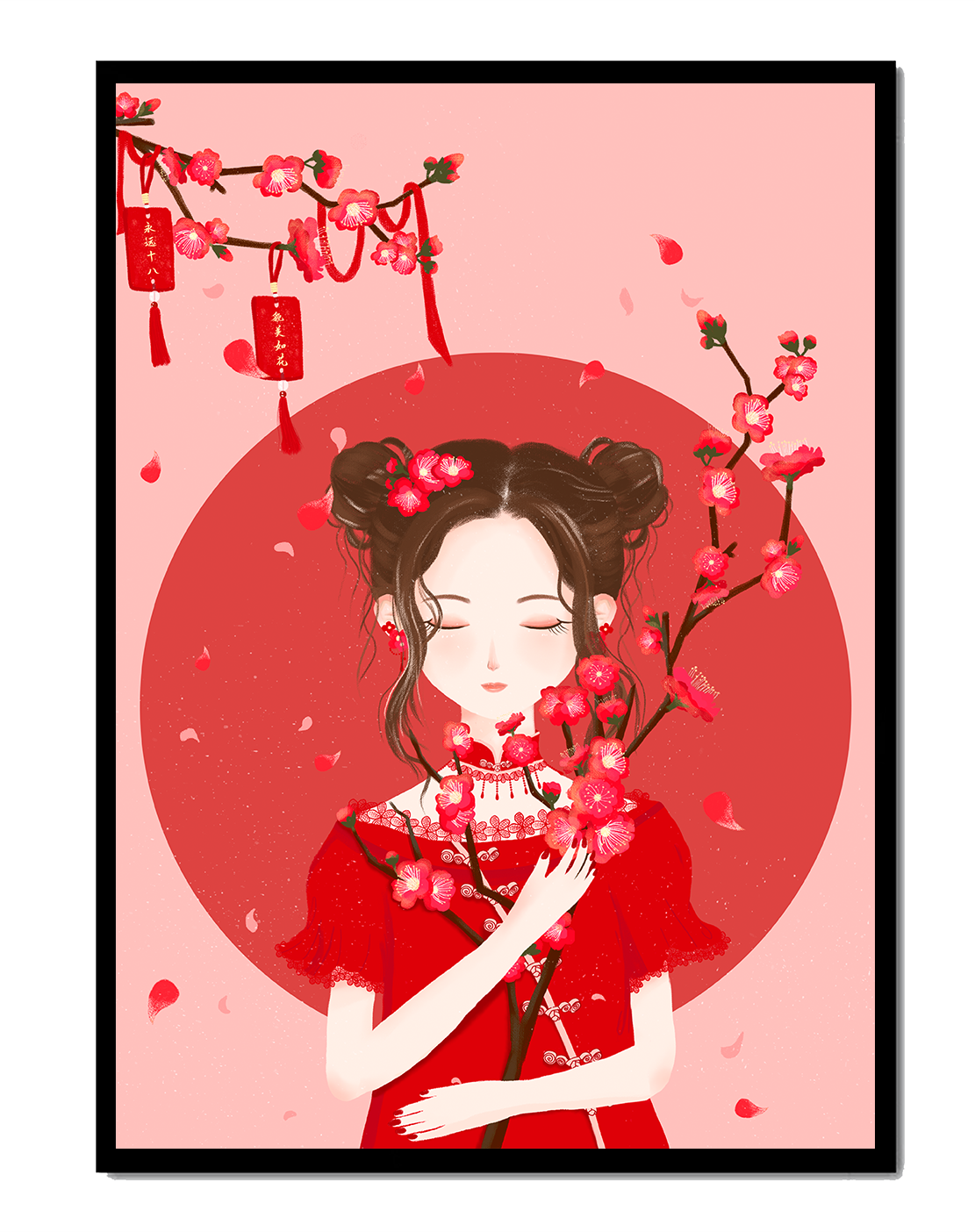 Charming illustration of a girl with flowers and floating petals