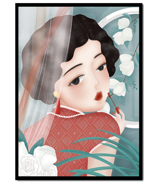 Elegant Asian Woman in Red Dress with White Roses and Pearls