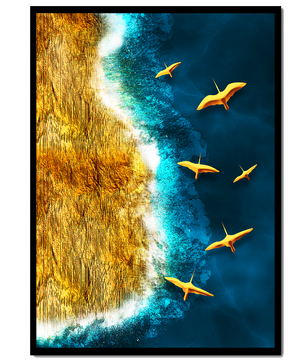 Golden beach landscape with vibrant ocean and flying seabirds