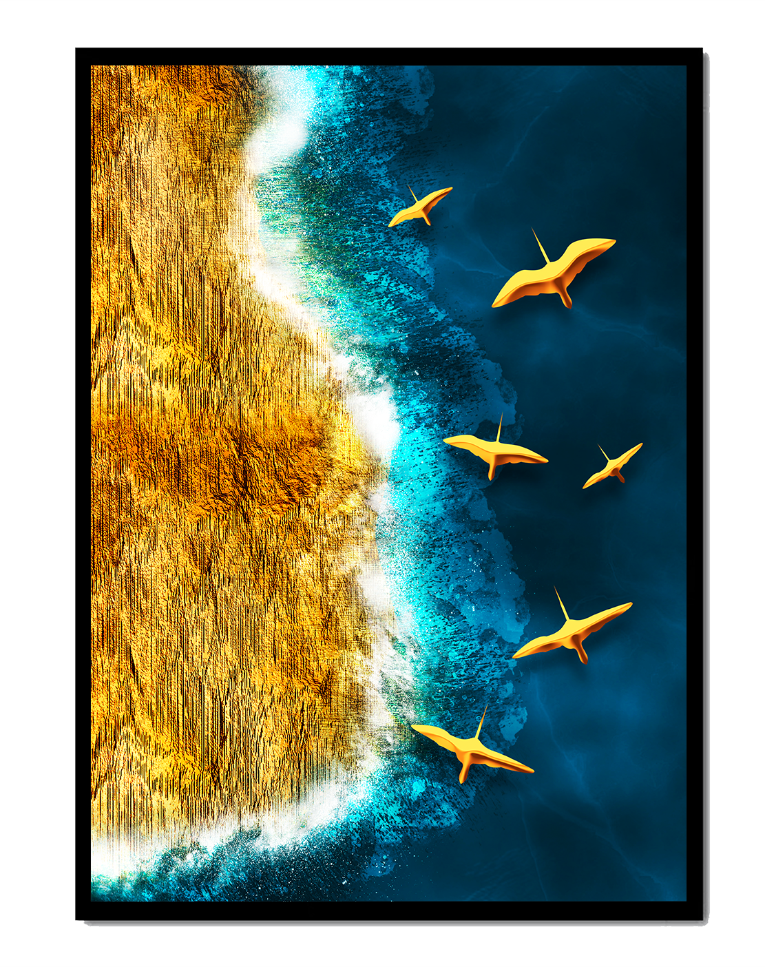 Golden beach landscape with vibrant ocean and flying seabirds