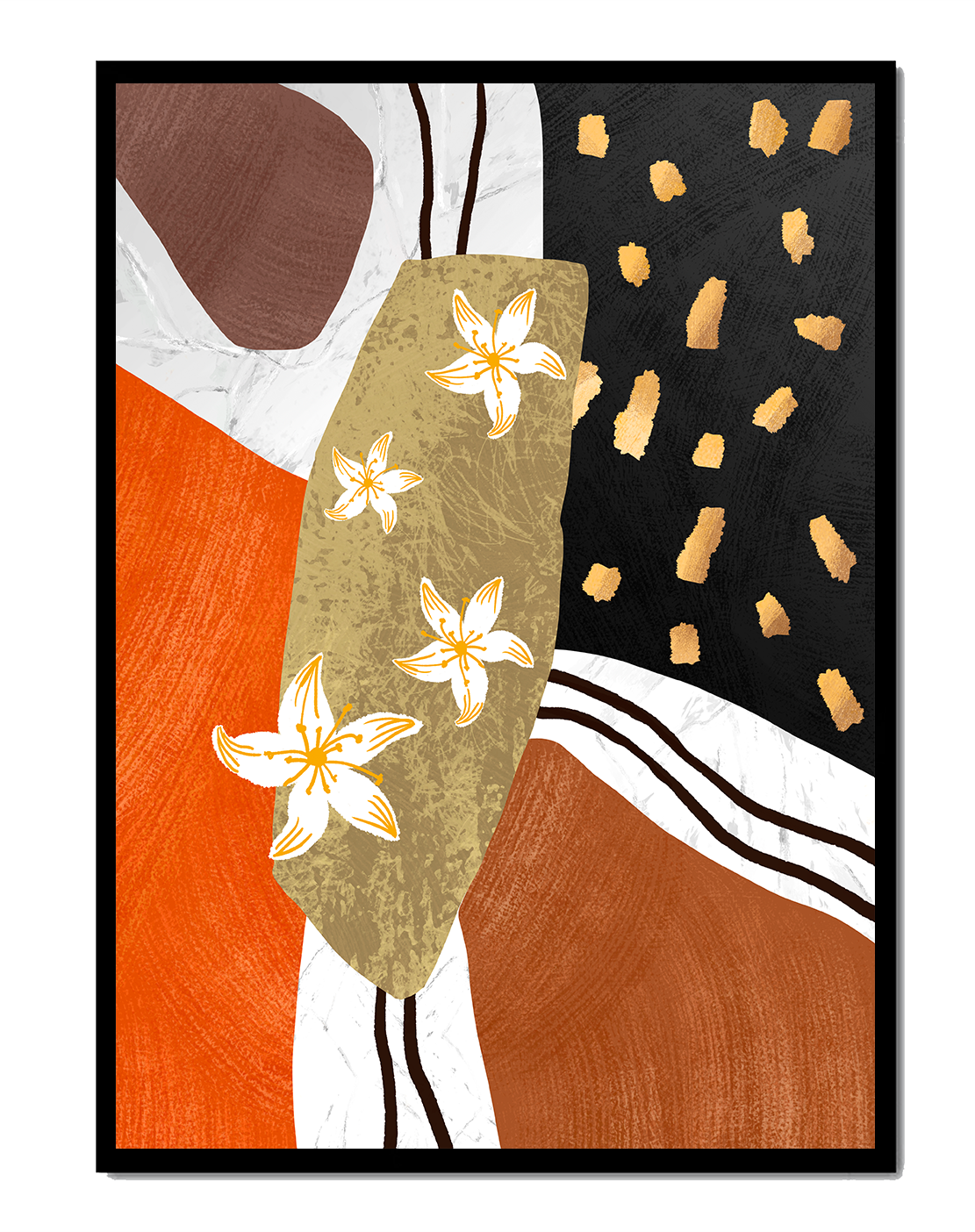 Abstract floral artwork with gold accents and earthy tones