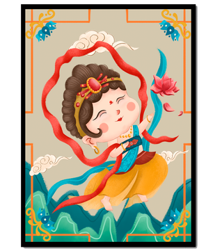 Whimsical illustration of a joyful child deity with lotus and clouds