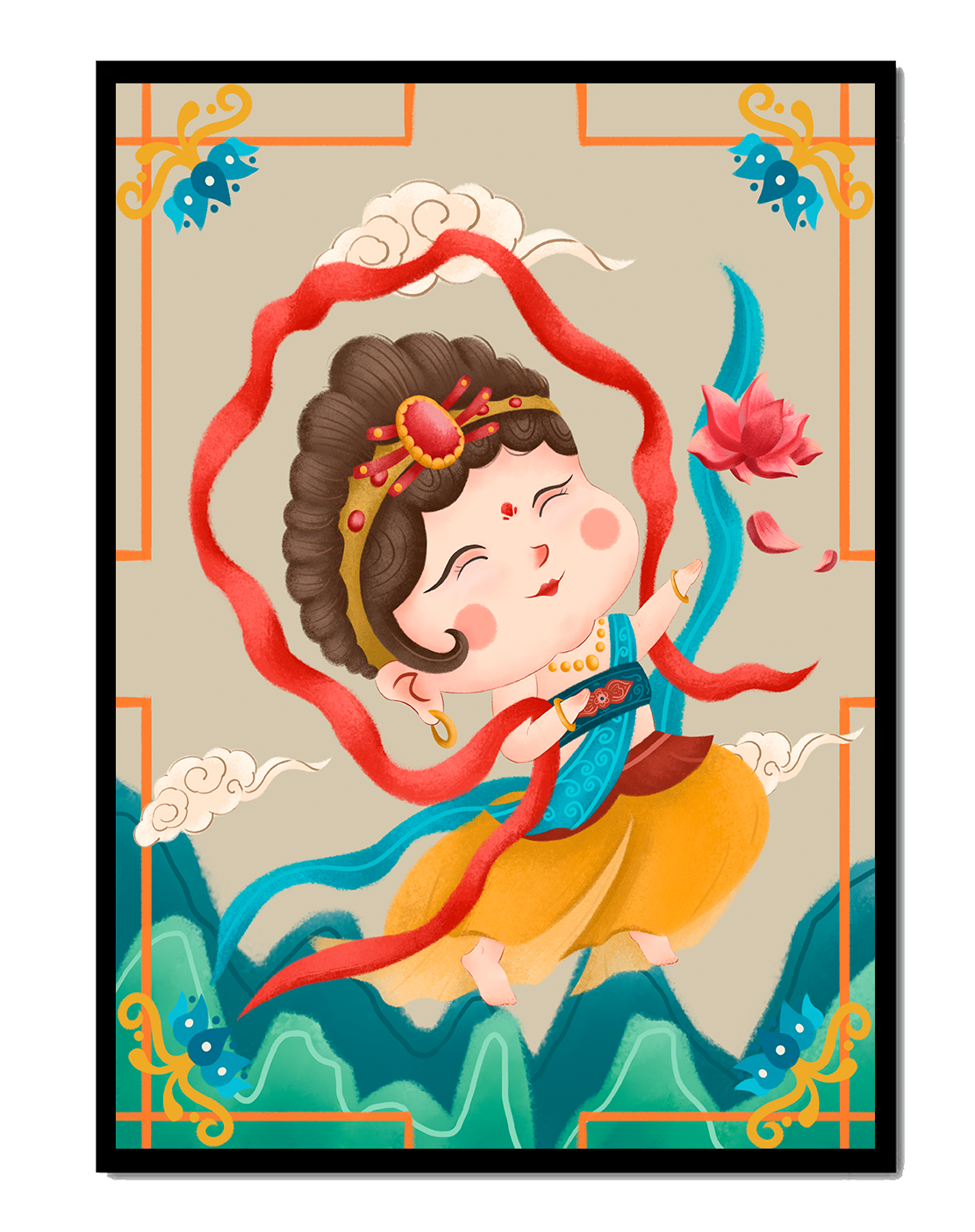 Whimsical illustration of a joyful child deity with lotus and clouds