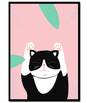 Gato ilustrado sobre fondo rosa con hojas.