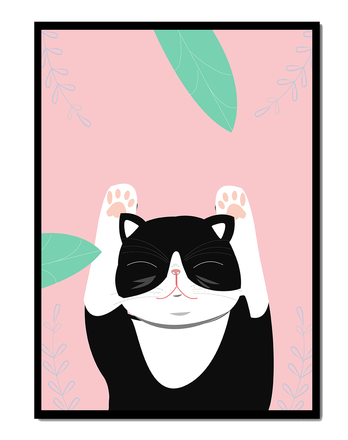 Illustrated cat on pink background with leaves