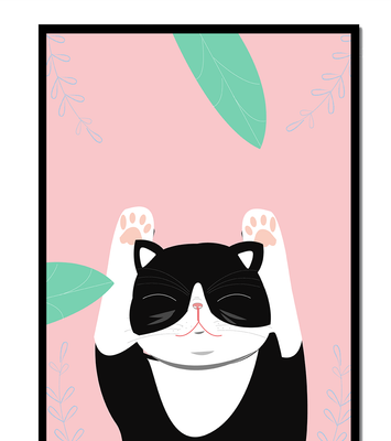 Illustrated cat on pink background with leaves