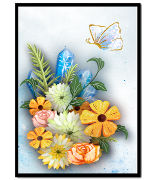 Floral and crystal arrangement with golden butterfly