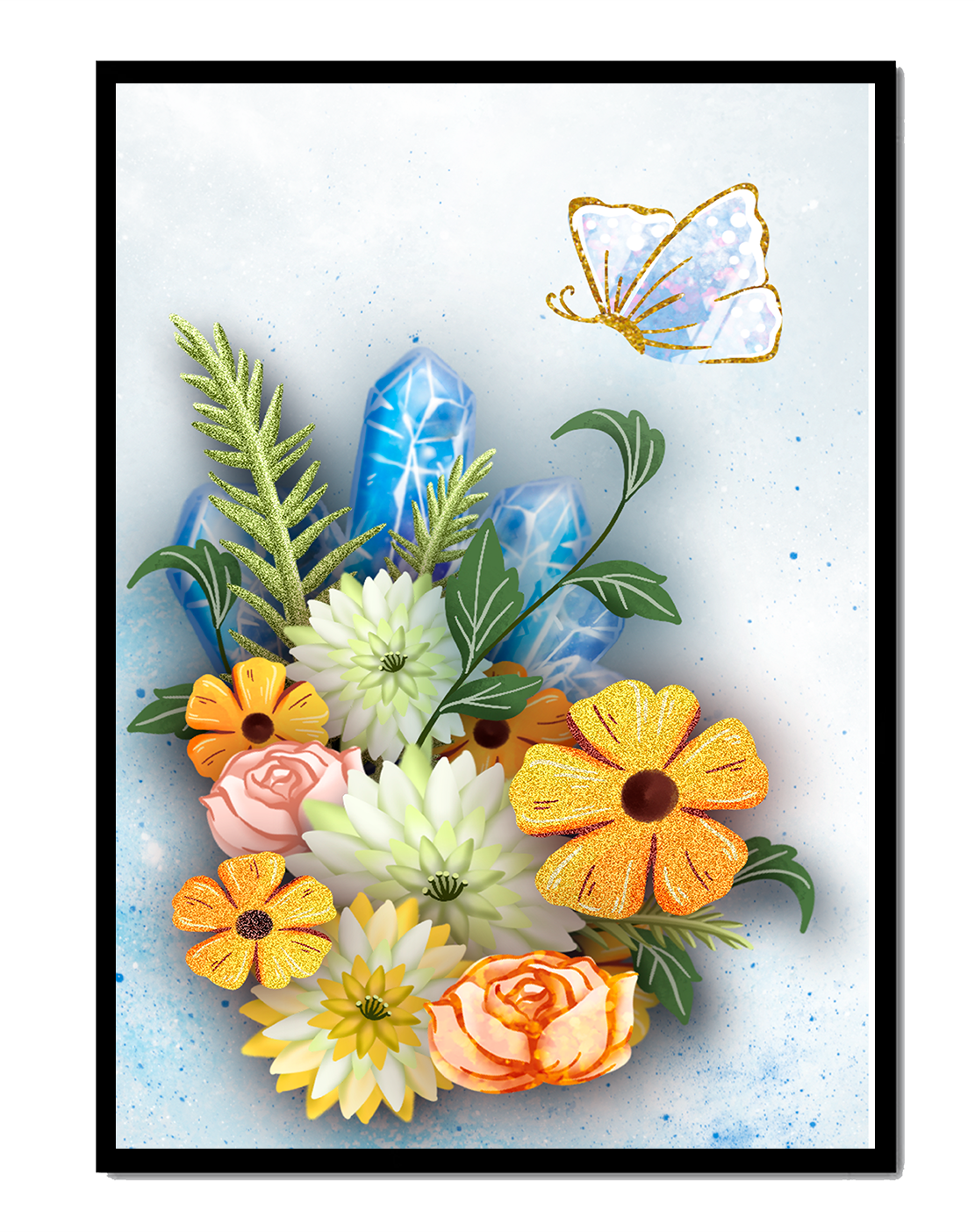 Floral and crystal arrangement with golden butterfly