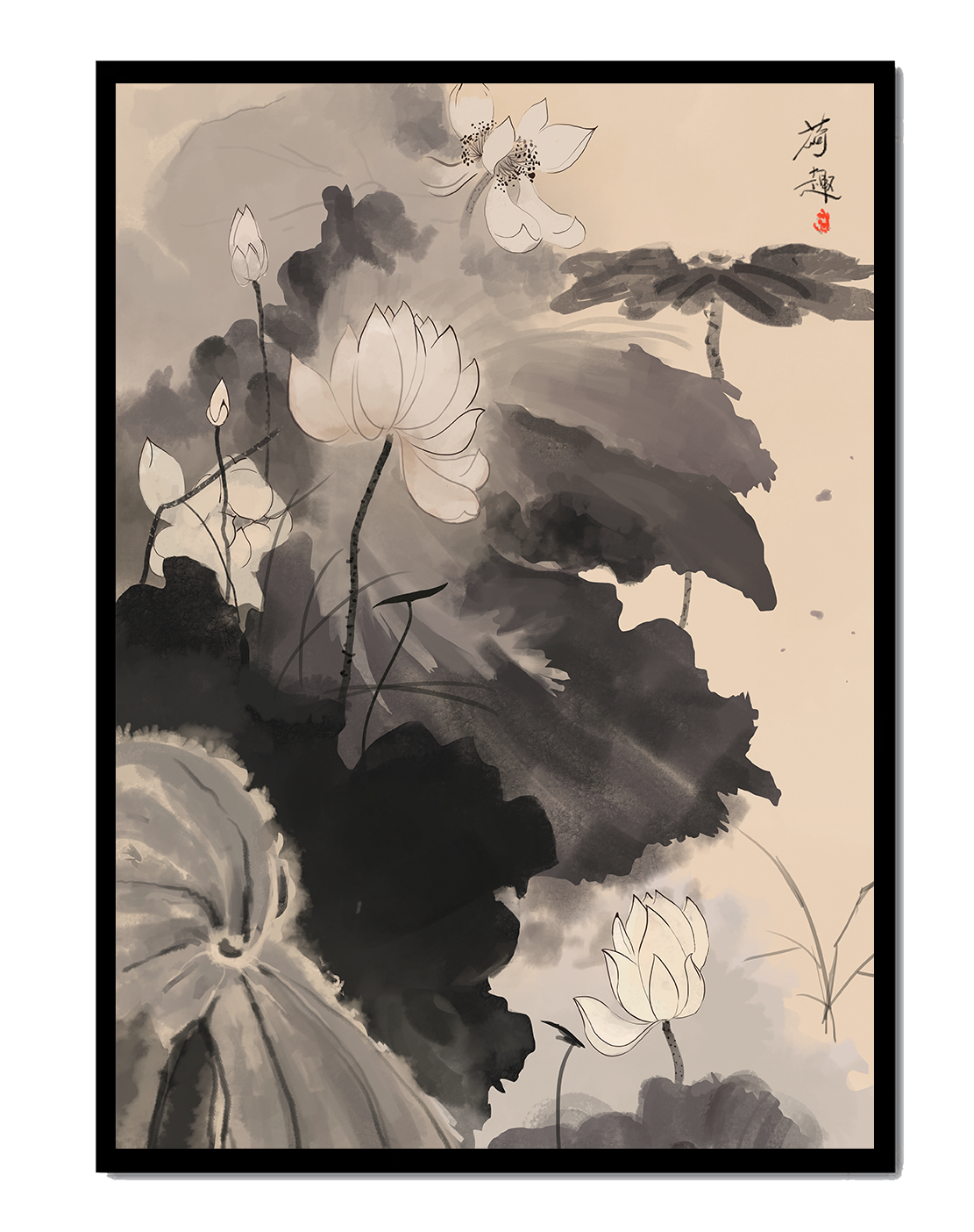 Representación serena de flores de loto en estilo tradicional de tinta.
