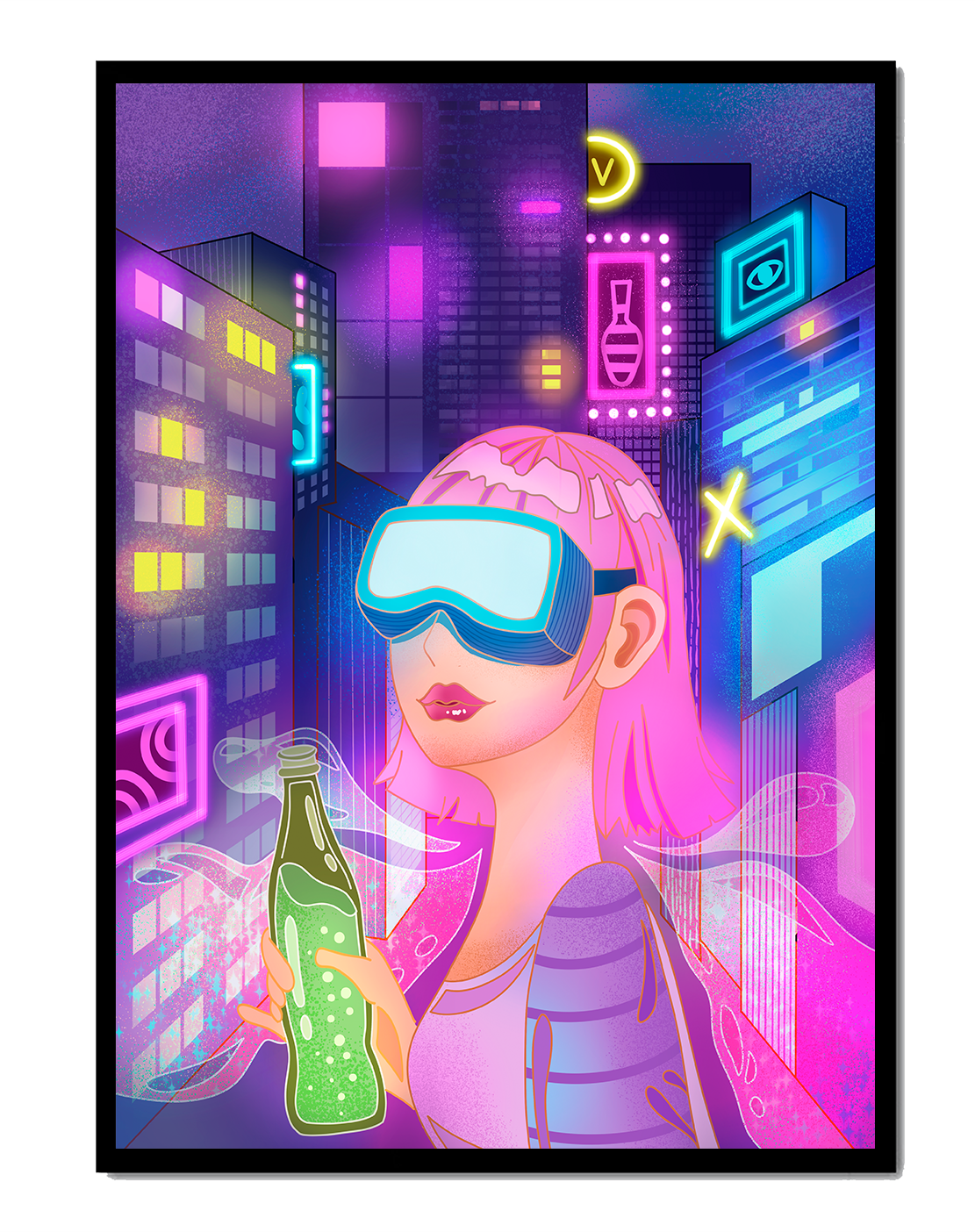 Futuristic urban scene with neon lights and virtual reality elements
