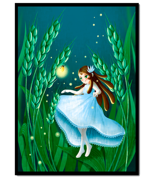 Enchanting fairy in magical wheat field at night