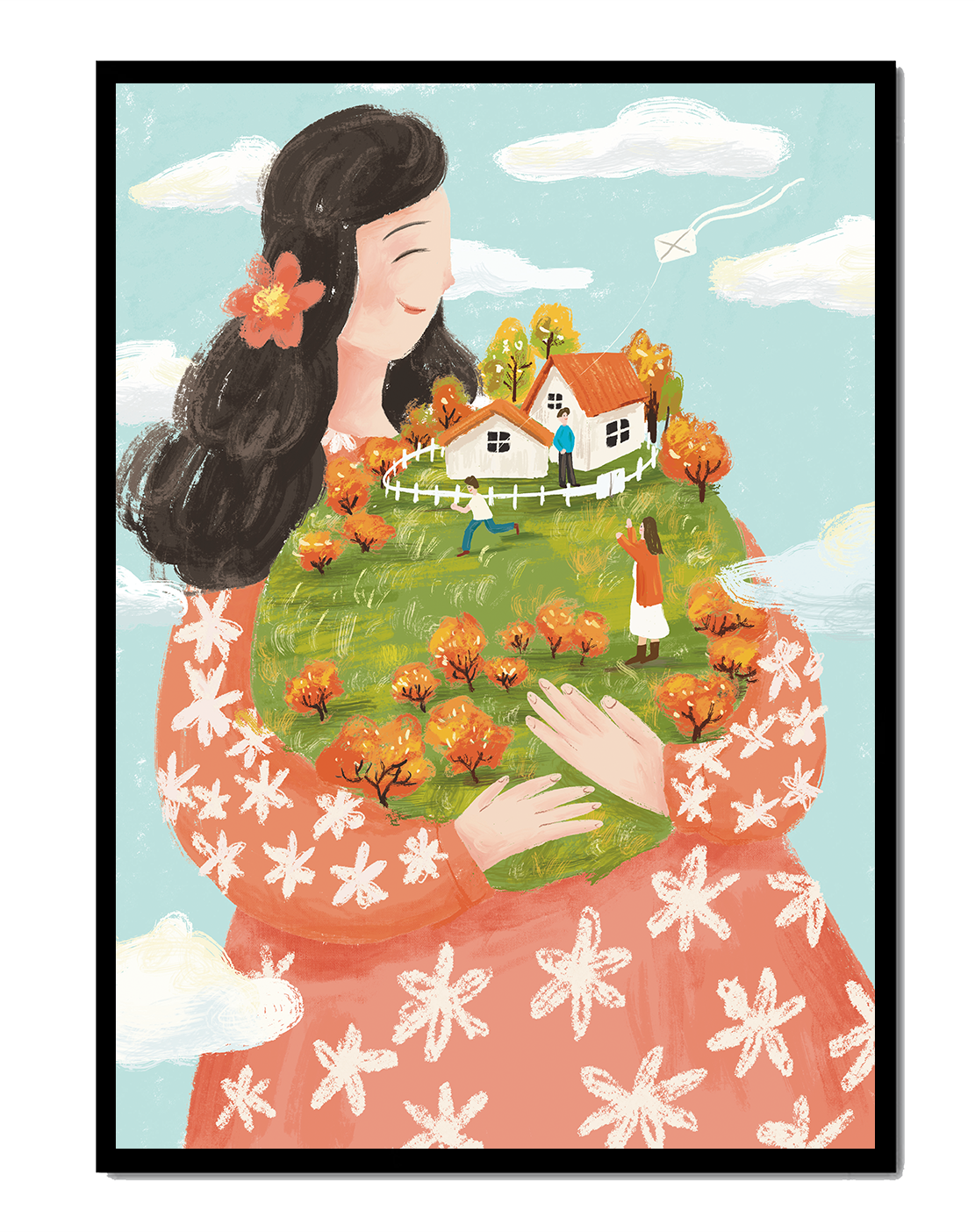 Whimsical Woman Holding Miniature Landscape with Family and Houses