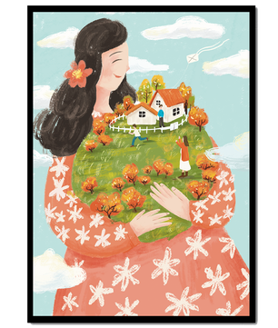 Femme fantaisiste tenant un paysage miniature avec famille et maisons