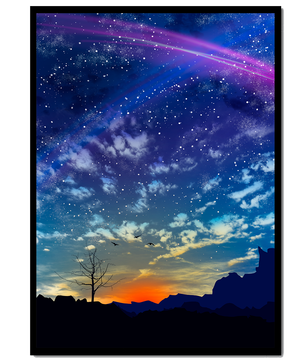 Starlit night sky with colorful sunset and silhouetted landscape