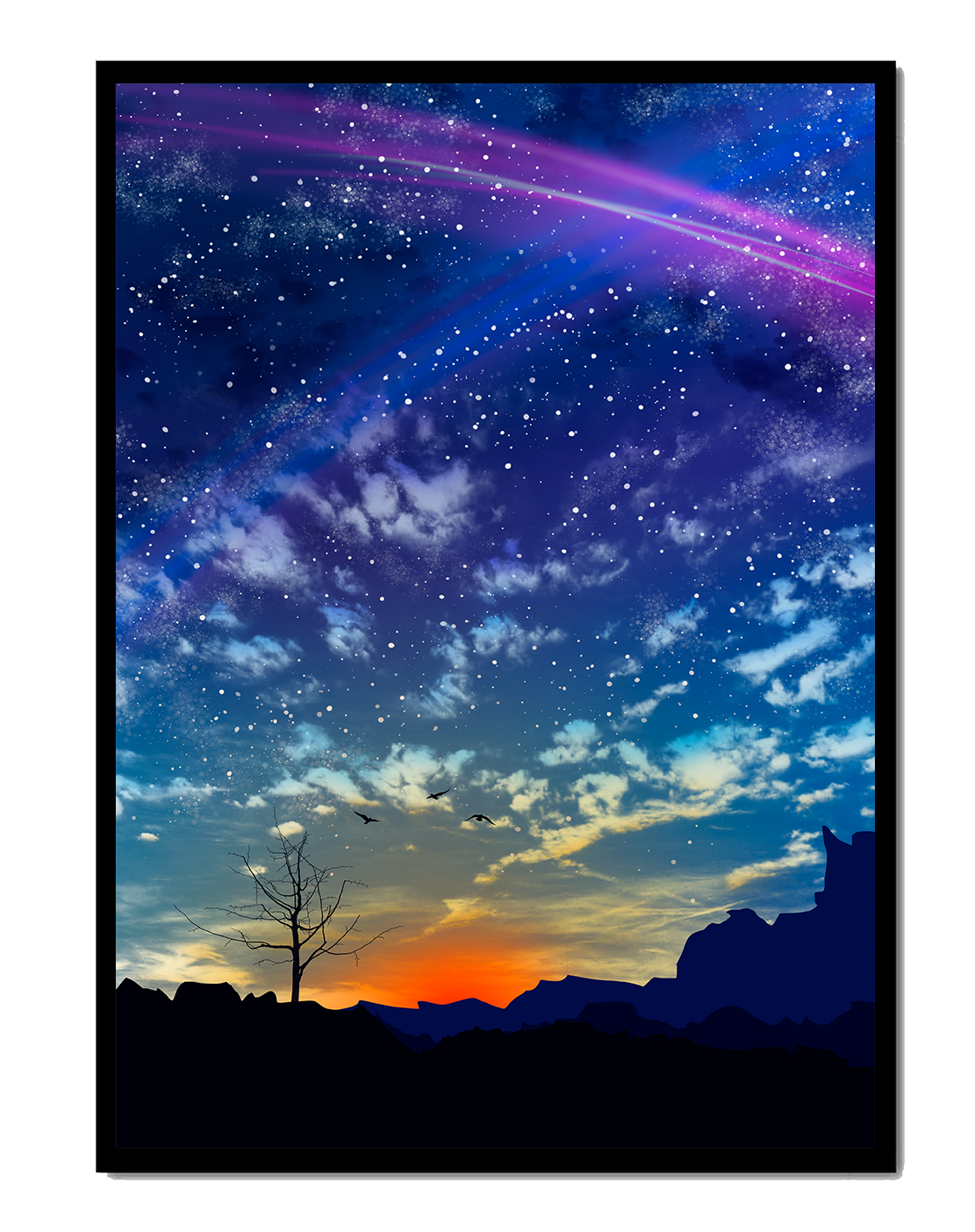 Starlit night sky with colorful sunset and silhouetted landscape