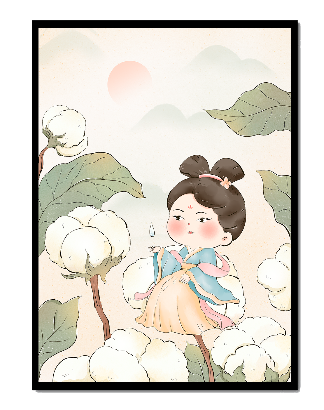 Elegant illustration of a young girl in traditional attire amid cotton plants